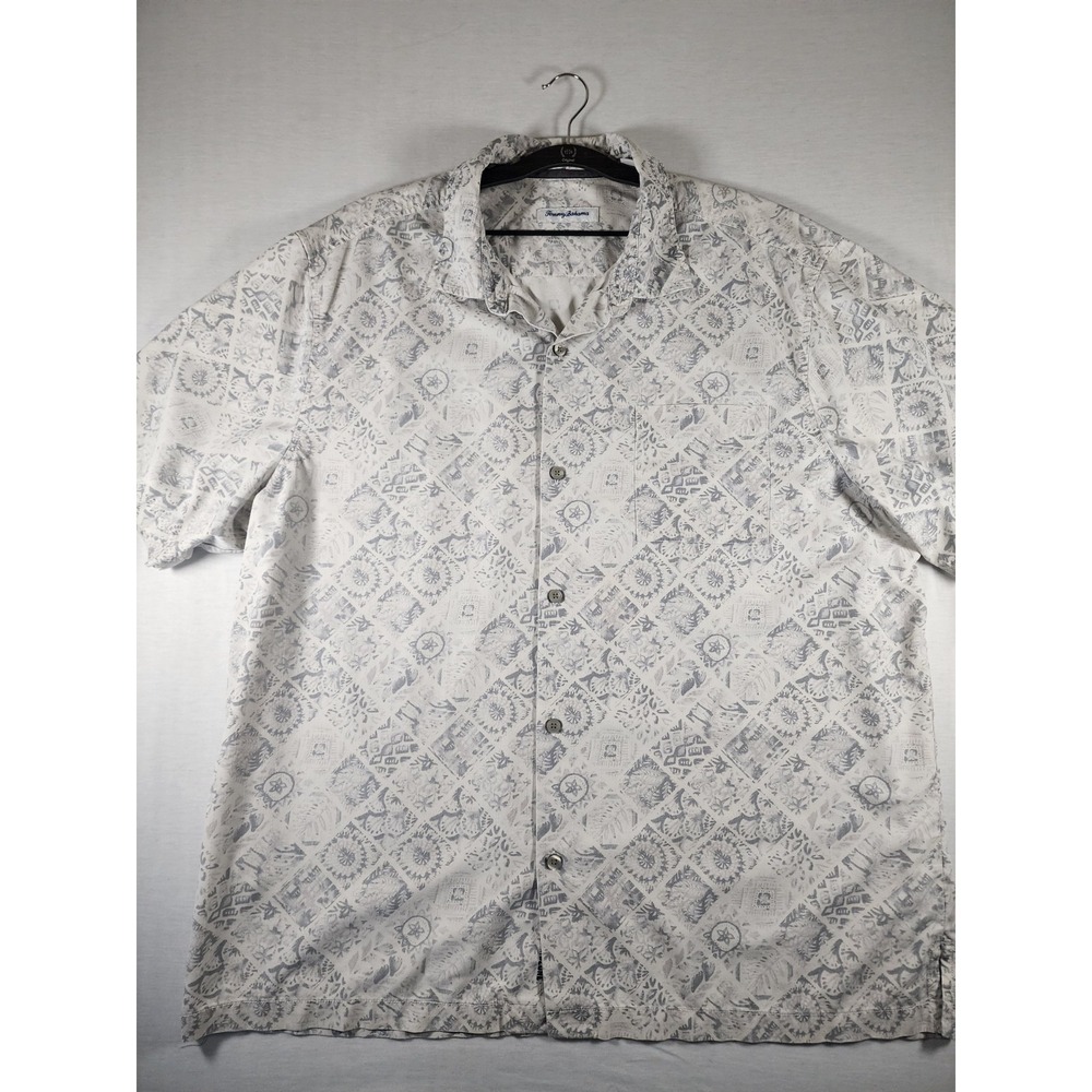 Tommy Bahama Island Zone Gray Tivoli Tiles Button Up Silk Blend Mens Size XXL